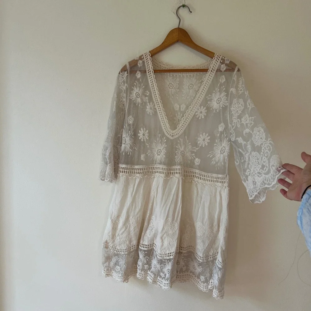 White Floral Lace Crochet Small Beach Cover Up Sheer Boho Mini Dress Festival